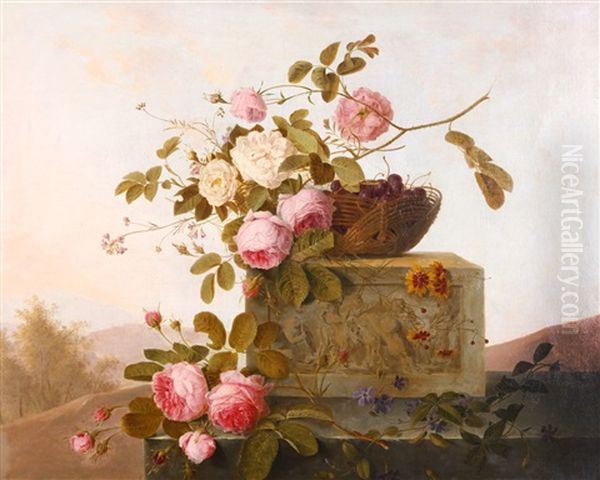 A Still Life Of Roses And A Basket Of Cherries Atop A Stone Ledge With Landscape Beyond - view 1