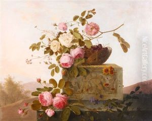 A Still Life Of Roses And A Basket Of Cherries Atop A Stone Ledge With Landscape Beyond by Emmanuel Fries