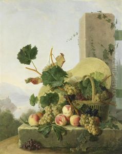 Still Life Of Fruit In A Basket, An Italianate Landscape Beyond by Emmanuel Fries