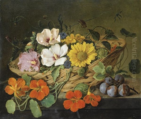 Panier De Fleurs Et Branche De Prunes - view 1