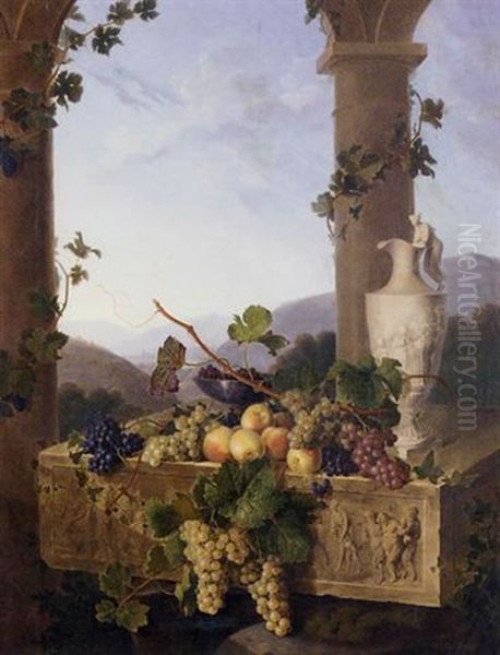 Grapes, Peaches And A Clasically Inspired Pitcher On A Marble Relief Depicting Classical Figures - view 1