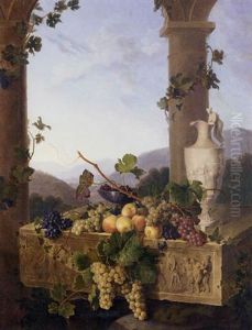 Grapes, Peaches And A Clasically Inspired Pitcher On A Marble Relief Depicting Classical Figures