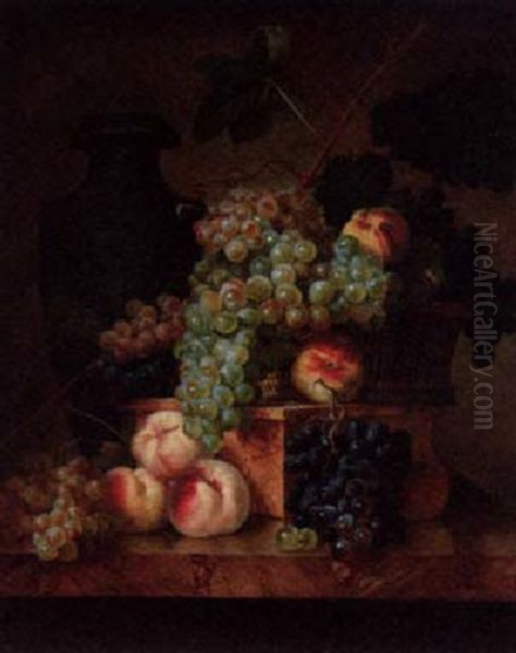 A Basket Of Fruit On A Ledge With A Vase Beyond - view 1