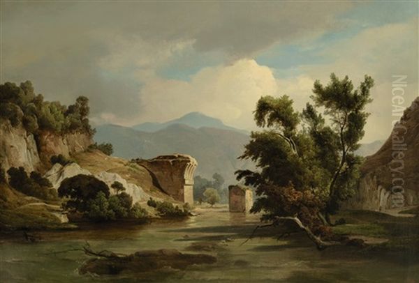 Italienische Flusslandschaft Mit Bruckenruine - view 1