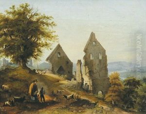 Flusslandschaft Mit Ruinen, Im Vordergrund Familie Mit Ziegenherde by Ernst Fries
