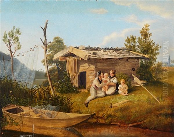 River Landscape With A Fisher Family - view 1