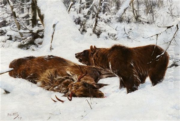 Norwegian Winter Landscape With An Elk And A Brown Bear - view 1