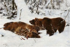 Norwegian Winter Landscape With An Elk And A Brown Bear by Richard Bernhardt Louis Friese