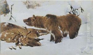 In Einer Winterlandschaft Hat Ein Bar Einen Hirsch Gerissen by Richard Bernhardt Louis Friese