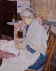 Woman Sewing (harbor Scene Verso) by Frederick Carl Frieseke