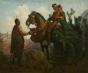 Mexican Figures In A Desert Landscape by Charles Percy Austin