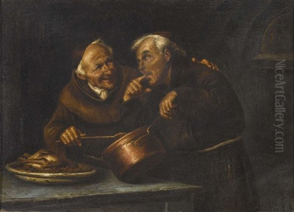 Zwei Franziskaner Mit Brathuhn - view 1