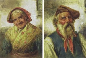 Old Woman In A Floral Shawl by Raffaele Frigerio