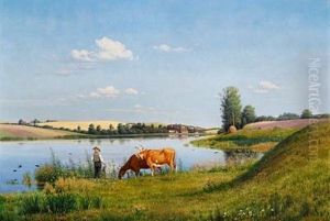 River Landscape With A Peasant Boy Wearing A Straw Hat And Two Cows by Hans Gabriel Friis