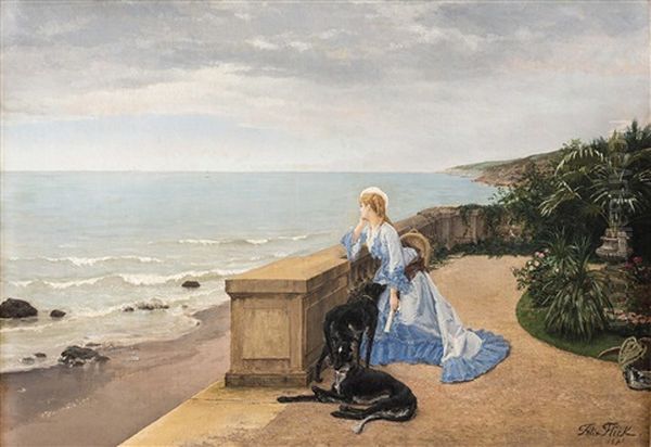 Melancholie - Vornehme Junge Dame Mit Ihren Hunden Blickt Von Der Gartenterrasse Auf Das Mittelmeer - view 1