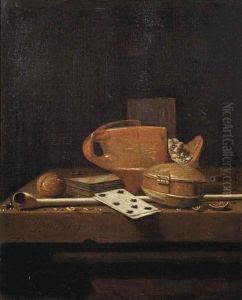 A Toebakje, A Glass, Playing Cards, A Tobacco Box, A Walnut And A Pipe, All On A Stone Ledge A Toebakje, A Glass, Playing Cards, A Tobacco Box, A Walnut And A Pipe, All On A Stone Ledge