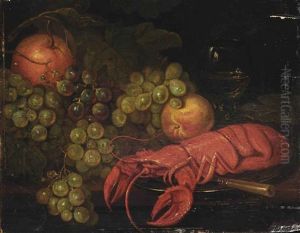 A Lobster On A Pewter Dish, A Knife, An Apple, A Peach, Grapes And A Roemer, All On A Table A Lobster On A Pewter Dish, A Knife, An Apple, A Peach, Grapes And A Roemer, All On A Table