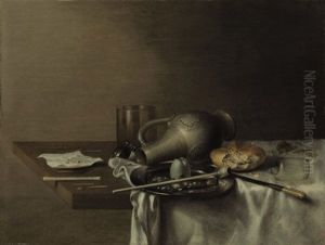 An Overturned Jug, Roll, Plate With Pipe And An Egg Shell, Broken Glass And Objects On A Draped Table An Overturned Jug, Roll, Plate With Pipe And An Egg Shell, Broken Glass And Objects On A Draped Table