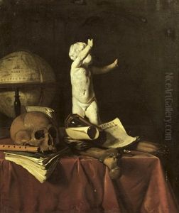 A Vanitas With A Sculpture Of A Putto, A Globe, A Skull, A Bone, An Hourglass, A Flute And Books On A Draped Table by Jan Fris