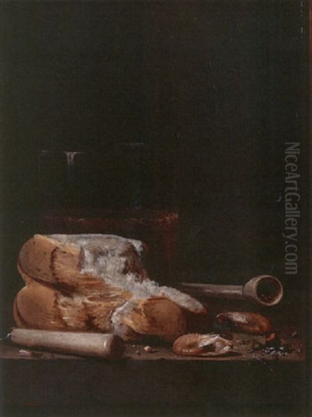 Still Life With Bread, Shrimp, A Clay Pipe And Other Objects, Resting On A Table - view 1