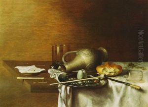Still Life Of An Overturned Stoneware Jug, Roll, Plate With Pipe And Egg Shell, Broken Glass And Other Objects Still Life Of An Overturned Stoneware Jug, Roll, Plate With Pipe And Egg Shell, Broken Glass And Other Objects