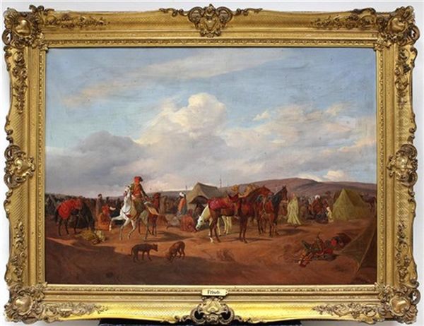 Ruckzug Der Armee Ibrahim Paschas Durch Die Wuste, Orientalische Darstellung Eines Zeltlagers Mit Zahlreichen Arabern, Hunden Und Pferden - view 1