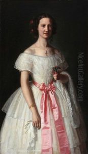 Portrait Of Elisabeth Alexandra Mourier In Her White Wedding Dress With A Pink Silk Ribbon Around Her Waist, Roses In Her Hair And A Shining Wedding Ring by Johan Didrik (John) Frisch