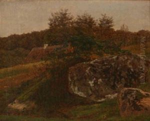 Landscape With Pieces Of Rocks And A Thatched House by Johan Didrik (John) Frisch