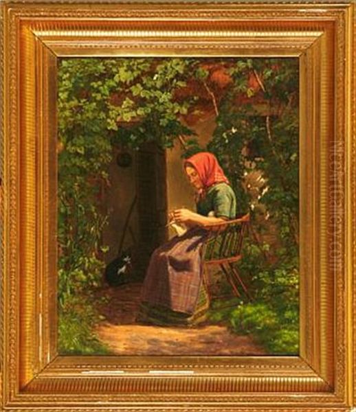 Woman With Her Knitting In A Garden - view 1