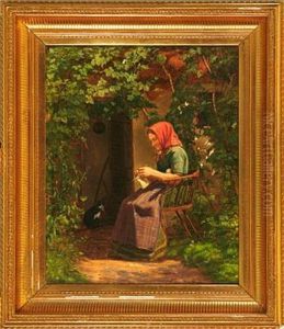 Woman With Her Knitting In A Garden