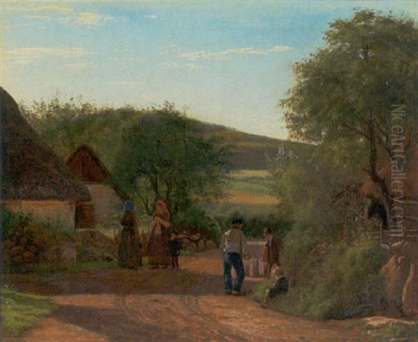 Landsbyscene Med Figurer Pa Vejen En Sommerdag - view 1