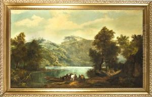 'gruppe Von Jagern Am Ufer Eines Bergsees'