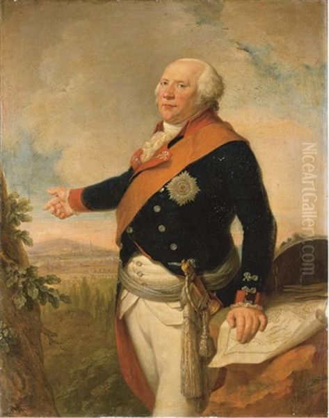 Portrait Of King Frederick William Ii Of Prussia, In Uniform With The Sash And Star Of The Prussian Order Of The Black Eagle, His Left Hand Resting On A Map Of Frankfurt, A Landscape Beyond - view 1