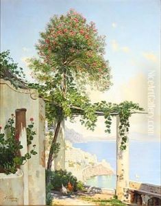 View Down The Coast From A Loggia In Sorrento by Niels Fristrupp