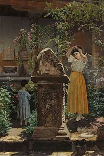 View From An Italian Garden With Young Woman And Child By A Pillar - view 1