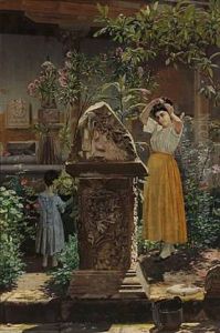 View From An Italian Garden With Young Woman And Child By A Pillar by Niels Fristrupp