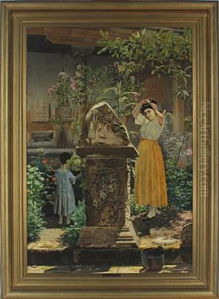 View From An Italian Garden With Young Woman And Child By A Pillar - view 1