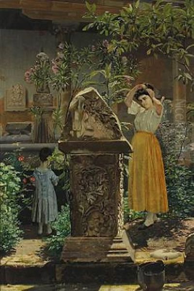 Italian Garden Scenery With Young Woman And Child By Fountain - view 1