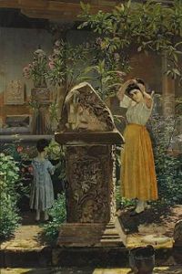 Italian Garden Scenery With Young Woman And Child By Fountain by Niels Fristrupp