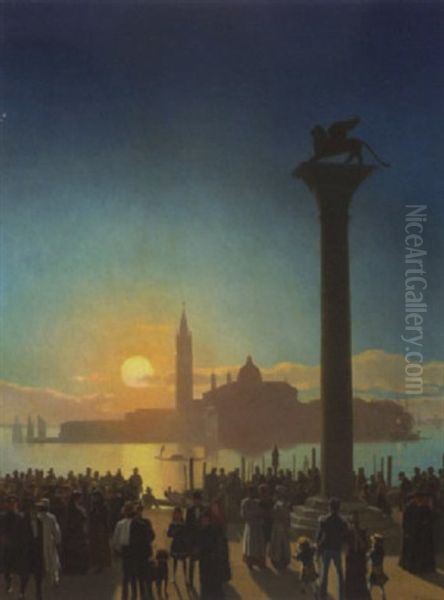 La Piazetta, Venezia. Folkeliv Ved Markus-pladsen. Solnedgangen Over San Giorgio Maggiore Betragtes - view 1
