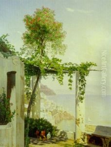 Udsigt Gennem Pergola Til By, Hav Og Bjerge, Italien