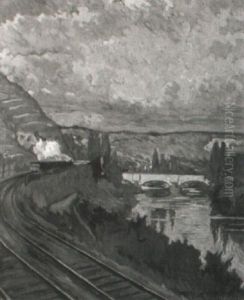 Neckarlandschaft Mit Eisenbahn