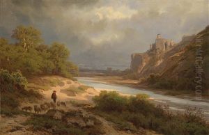 Romantische Flusslandschaft Mit Schafherde Und Hirten Im Vordergrund (devin/theben An Der Donau?)