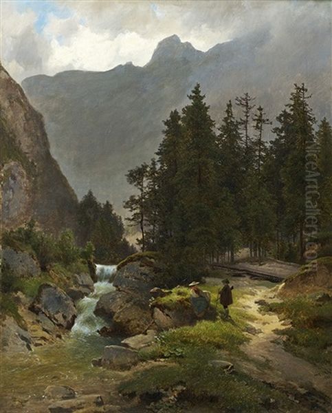 Promeneurs Au Bord Du Cascade Dans Les Alpes - view 1