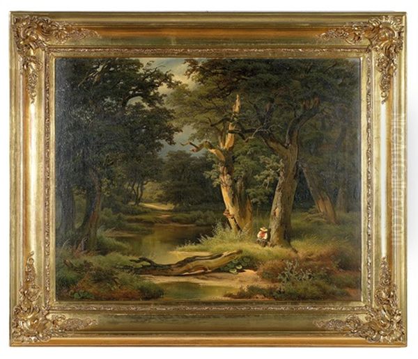 Waldlandschaft Mit Bach, An Einem Knorrigen Baum Sitzt Ein Rastender Fischer Mit Seiner Angel - view 1