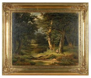 Waldlandschaft Mit Bach, An Einem Knorrigen Baum Sitzt Ein Rastender Fischer Mit Seiner Angel by Melchior Fritsch