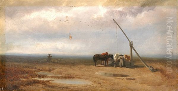 Weite Landschaft Mit Ziehbrunnen, Pferden Und Schafherde - view 1