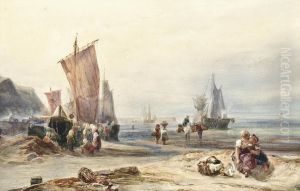 Fishermen Unloading The Catch At Low Tide by Samuel Austin