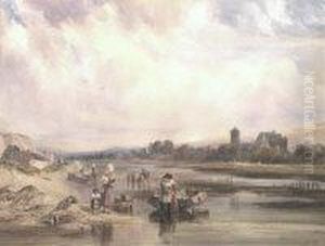 Women Washing Clothes In An Extensive River Landscape by Samuel Austin