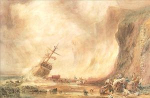 Figures On The Shore Near A Wreck by Samuel Austin